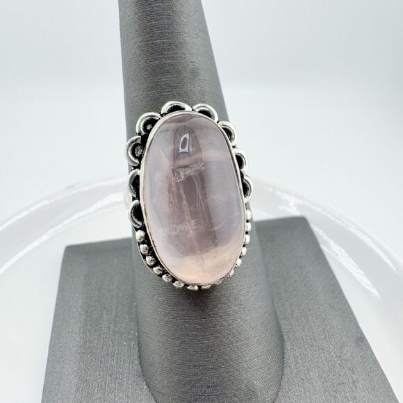 Vintage Rose Quartz Ring .925 Sterling Silver Deadstock Statement Bohemian NWOT - Picture 1 of 10